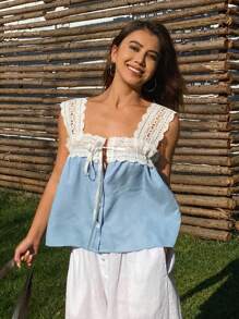 DAZY 度假蕾丝拼布抽绳系带牛仔衬衫夏季 - 藍色 - 查看 5