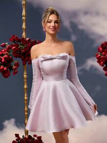 SHEIN Belle Elegante y romántico vestido formal rosa pastel con lazo de tela brillante y mangas largas fuera del hombro, para fiesta de graduación, fiesta de cumpleaños, Día de San Valentín, baile de graduación, vestido de invitado a boda