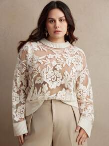 Anewsta Plus Size Embroidered Sheer Mesh Panel Sexy Sweater Knit Pullover Fall Winter Autumn - White - View 3