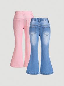 SHEIN 2pcs/Set Young Girls Fashionable Elastic Flared Jeans - Multicolor - View 2