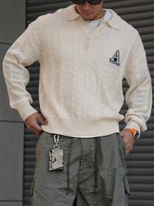 DAZY Men's Hollow Out Knitted Sweater, Turndown Collar Letter Embroidered, Spring Knitwear Top