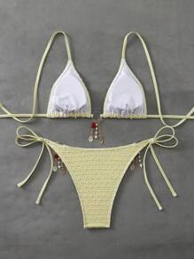 SHEIN Swim Spring Break Textured Summer Women Beachwear Outfit, Sexy Halter Circular Ring Embellished Triangle Top Bikini Set, Festival Boho Style - Yellow - View 5