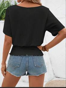 EMERY ROSE 女式纯色前扣简约休闲短袖衬衫，夏季 - 黑色 - 查看 2