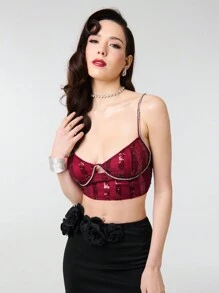 SHEIN Unity Valentine Sequin Wired Cup Cami Cropped Corset Top With Rhinestone Trim Detail - Burgundy - View 4