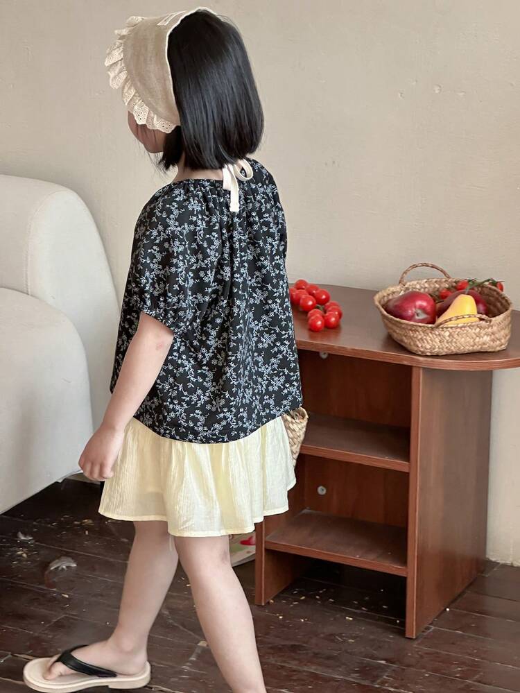 2pcs Young Girl Resort Casual Ditsy Floral Puff Sleeve Top & Skirt Set Vacation