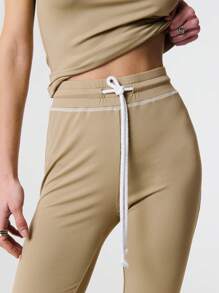 TypaGal Contrast Stitch Drawstring Thick Waist Casual Flare - Khaki - View 4