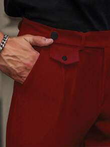 Manfinity Mode Pantalones casuales rectos de hombre con bolsillo y decorados con botones de un solo color - Burdeos - Ver 6