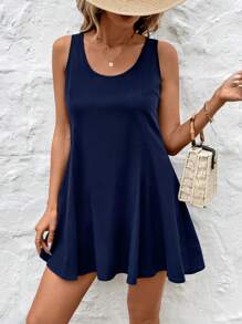 SHEIN LUNE Váy ngắn đi nghỉ thường ngày cổ chữ V rút dây vải lanh màu xanh dành cho nữ, mùa xuân/hè - Màu xanh hải quân - Xem 4