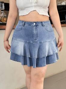 SHEIN EZwear Chân váy mini denim cỡ lớn, giản dị và thời trang để mặc hàng ngày - Rửa nhẹ - Xem 1