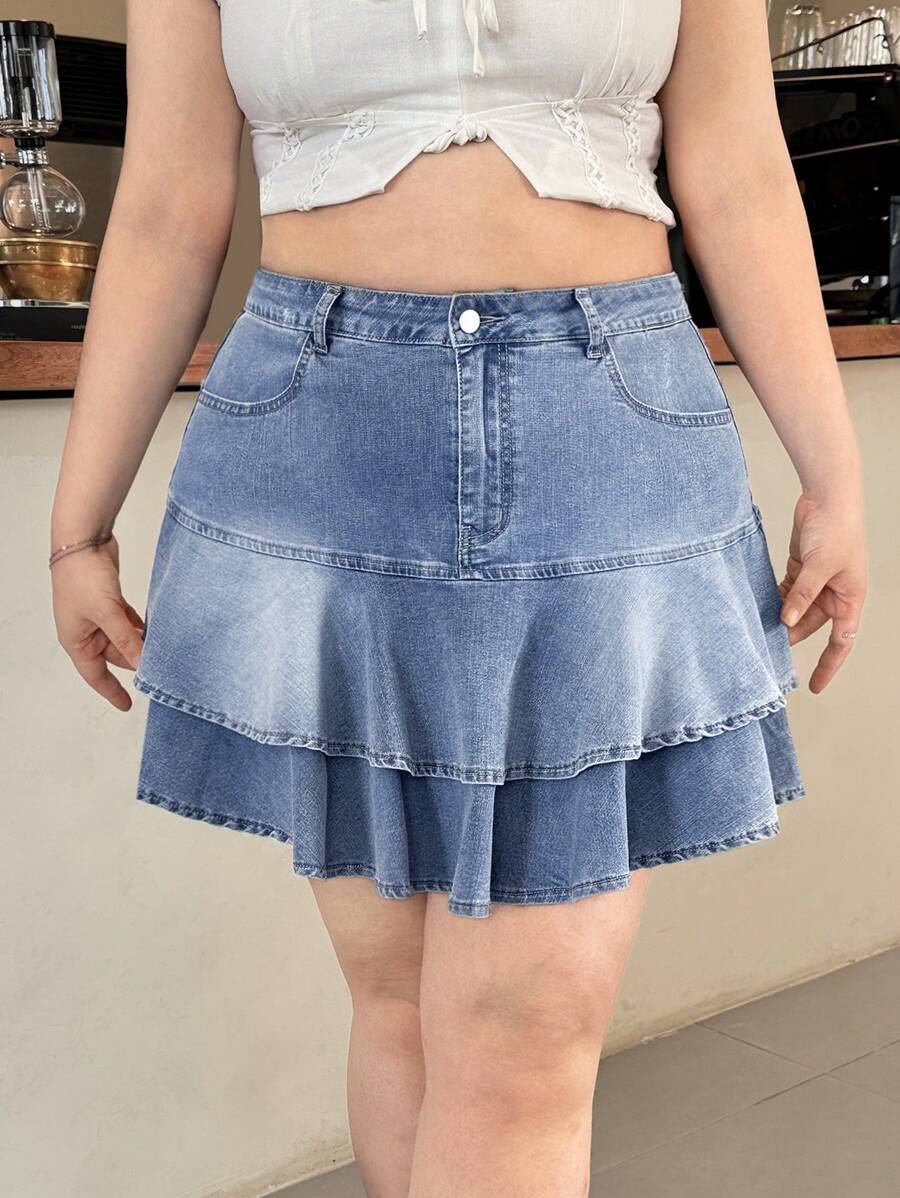 SHEIN EZwear Chân váy mini denim cỡ lớn, giản dị và thời trang để mặc hàng ngày - Rửa nhẹ - Xem 1