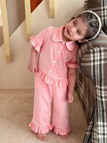 SHEIN Leap Crew 2 Pieces Baby Girl Cute & Simple Peter Pan Collar Button Front Ruffle Hem Short Sleeve Top And Pants Soft Homewear Pajama Set - Pink - View 3