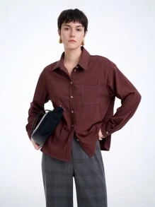 Aalyst Women's Long Sleeve Color Block Stitching Single-Breasted Shirt, Country Style - Brown - View 6