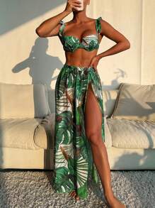 3 件套女士夏季海滩度假装：热带叶印花硬杯荷叶边吊带比基尼套装 + 印花雪纺纱笼裙 - 彩色 - 查看 1