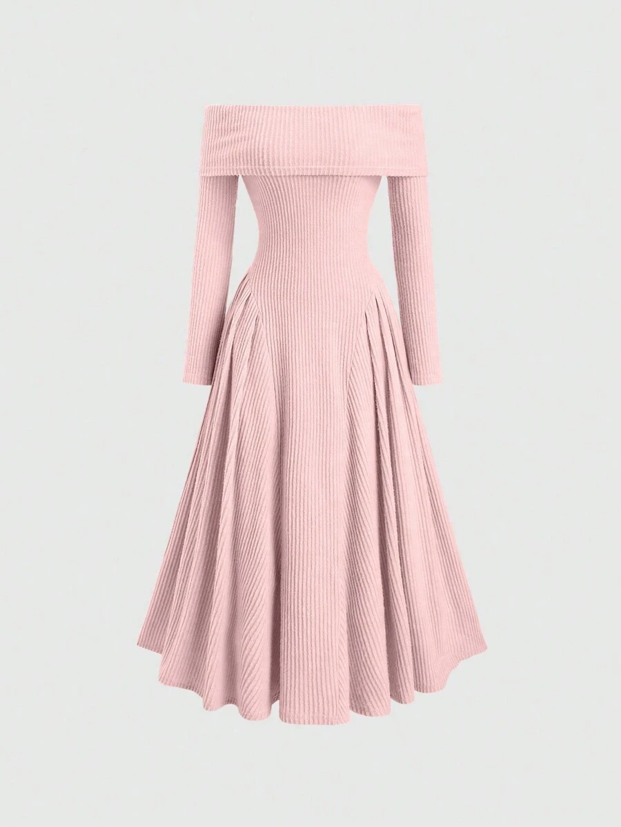 SHEIN Sweetro Vestido largo elegante para mujer, de un hombro, con mangas acampanadas acanaladas en beige, diseño fruncido en la cintura, vestido largo para mujer - Rosa - Ver 1