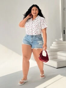 Solflare Blusa crop blanca con estampado de cerezas para tallas grandes de verano - Blanco - Ver 3
