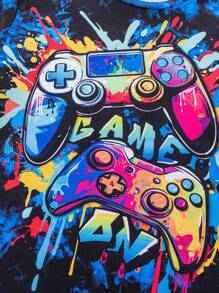 SHEIN Leap Crew 6 件青少年男孩休闲百搭舒适街头风格涂鸦字母游戏印花圆领宽松短袖 T 恤和短裤 2 件套，3 种设计 X 2 套，适合春季、夏季、秋季、冬季的学校、花园、海滩、生日 - 彩色 - 查看 3