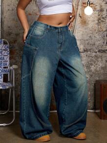 SHEIN ICON Plus Size Women's Pocket Design Wide Leg Loose Casual Denim Jeans - Navy Blue - View 5