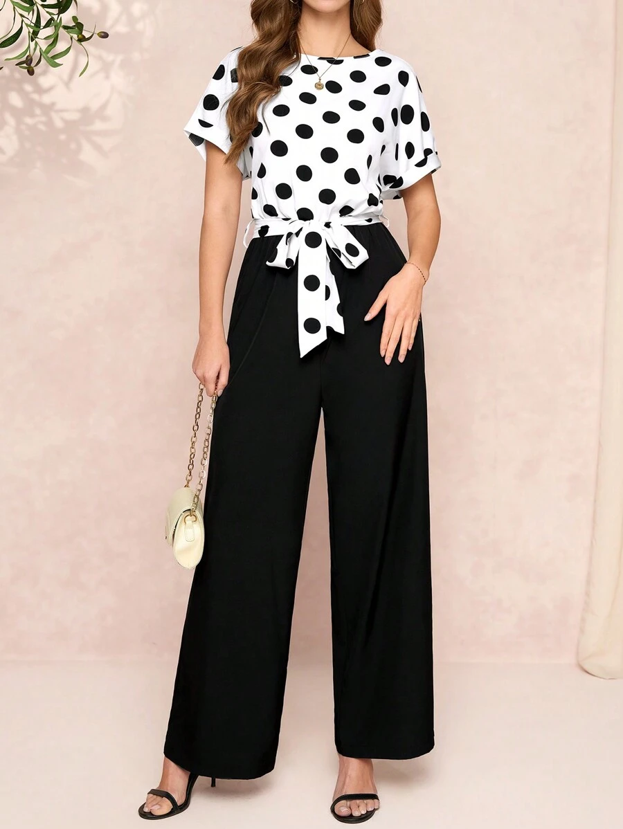 SHEIN Clasi 圆点印花上衣和纯色裤子优雅连身裤，简约设计 - 黑與白 - 查看 1