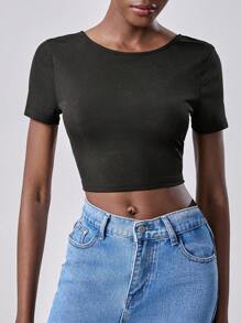 Lumivelle Camiseta de mujer con decoración de cinturón en la espalda, de moda, con espalda calada, camiseta corta con espalda descubierta de estilo elegante