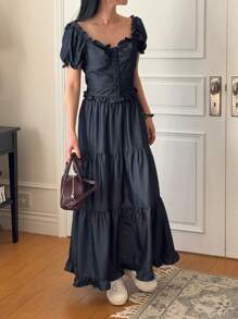 DAZY 2 peças/conjunto feminino casual estilo coreano babado bainha cor sólida roupa