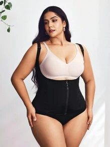 SHEIN CURVE+ Plus Size Summer Solid Color Front Zipper Shapewear Tos, High Elastic Tummy Control Vest - Black - View 4