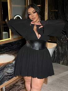 Flirla Plus Size Women Cinched Waist Zipper Pleated Dress - Black - View 2