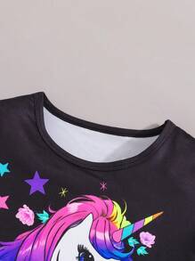 Young Girl 2pcs Unicorn Luminous Print Pajama Set, Short Sleeve T-Shirt & Shorts, Summer Spring, Black Base