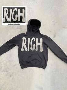 Manfinity Dauomo Men's Casual Letter Applique Drawstring Hoodie - Black - View 1