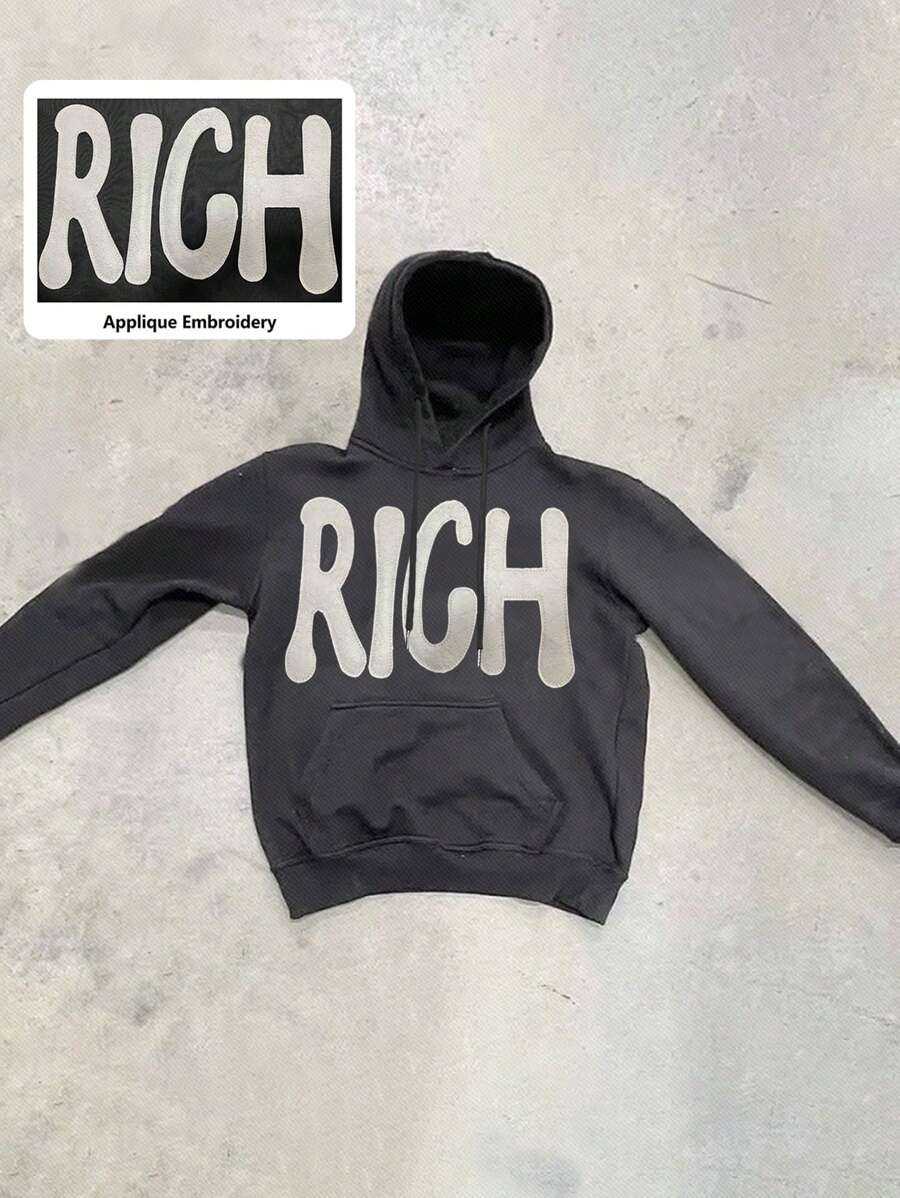 Manfinity Dauomo Men's Casual Letter Applique Drawstring Hoodie - Black - View 1