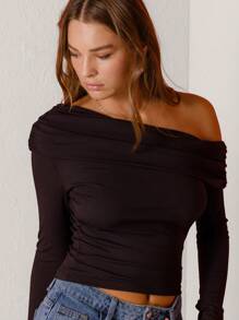 Aralina 黑色长袖不对称肩新年上衣 - 黑色 - 查看 4