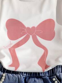 SHEIN Playful Pals 2pcs Tween Girls Summer Set, Bow Print Short Sleeve T-Shirt Top + Butterfly Embroidered Shorts, 2 Pieces Outfit Summer Holiday - White - View 5