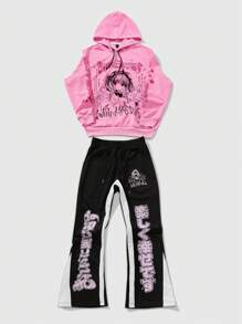 ROMWE MEN Men's Anime Print Drawstring Hooded Sweatshirt - Multicolor - View 6