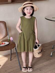 DAZY Simple & Fashionable Casual Solid Color Dress For Young Girls, Daily Wear,Girls Summer Outfits - Green - View 6