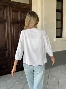 Chiquease Contrast Color Round Neck 3/4 Sleeve Loose Casual Versatile Commuter Jacket - White - View 2