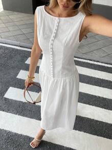 Pariaura Women's Long Backless French Hollow Decor Buttoned Ruffle Hem Sleeveless Dress - White - View 3