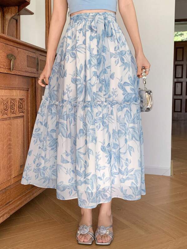 DAZY Falda evasé con estampado floral sencillo para mujer, casual y de moda para usar a diario y en vacaciones de verano