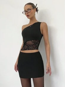 SHEIN Essnce 女士纯黑色蕾丝拼接不对称下摆上衣，复活节女装/音乐会女装/狂欢/狂欢节/纳什维尔/伊比沙岛，夏季女士音乐节假期