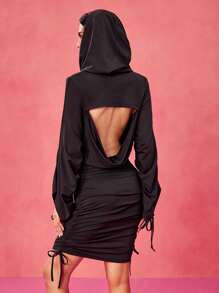 Tristan Blake Abito mini con cappuccio, motivo a cordoncino, maniche a zampa, scollo a cappuccio e drappeggio, di design, adatto per festival, concerti, balli di fine anno