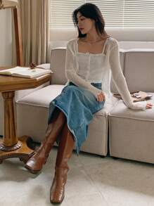 DAZY 女士花卉印花半透明宽松开衫 秋冬 - 白色 - 查看 4