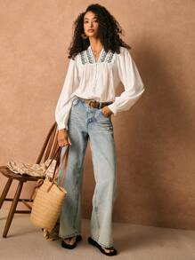 Poéselle 白色亚麻绣花衬衫，刺绣精致，面料舒适，沙滩女装，女士纯色拼接长袖V领休闲衬衫，波西米亚风