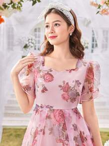 SHEIN Vestido con volumen de gasa con estampado floral para adolescentes, ideal para el Día de San Valentín - Multicolor - Ver 3