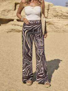 LanaWest Women's Elastic Waist Marble Print Straight Leg Casual Pants