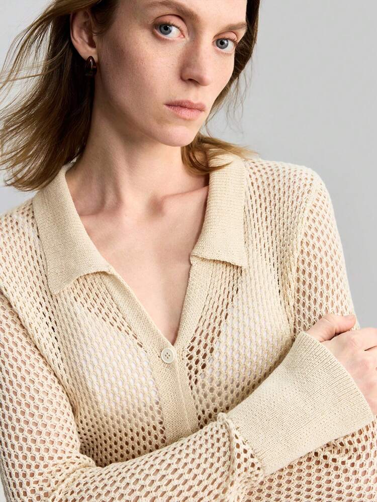 2025 Women Long Sleeve Polo Collar Knitted, Openwork Knit Sweater Cardigan, Bohemian Style, Resort Wear, Holiday Island Vacation, Versatile Piece For Festivals, Spring/Summer Cover Up