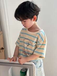 Dazy Kids Striped Short Sleeve T-Shirt With "Young Boy" Cartoon Print
