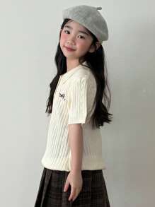 DAZY 少女图案 Polo 领短袖休闲针织衫，夏季，返校季 - 米色 - 查看 4
