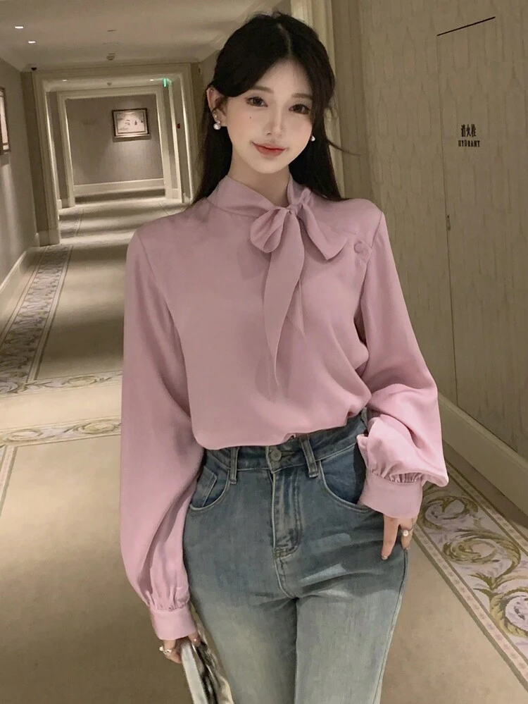 Women's Casual Bowknot Long Sleeve Elegant Korean Style Blouse,Fall Clothes
