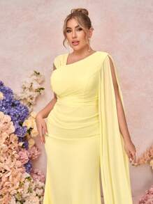 SHEIN Belle Plus Size Elegant Minimalist Romantic Yellow Asymmetrical Sleeve Maxi Bridesmaid Dress - Yellow - View 5