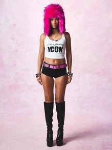 SUMWON WOMEN Icon Statement Tank Top Sleeveless Crop Fashion Text Print Ribbed Summer Festival Club Party Dance Tank - White - View 6