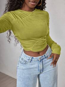 BamGleam Women's Ruched Long Sleeve Cropped Top, Casual & Vacation Wear Fall Cloth For Women - Olive Green - View 6