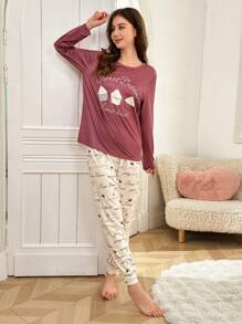 SHEIN 2 件青少年女孩休闲印花长袖上衣和裤子家居服套装，浅灰色-紫色 - 淺灰紫 - 查看 3